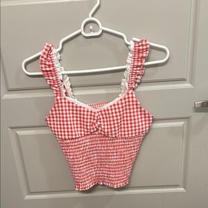 SHEIN Red and White Smocked Ruffle Crop Top